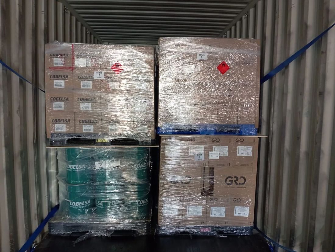 COGELSA lubricants and greases on pallets in a container — BHMS TRADING LLC shipment to Dubai